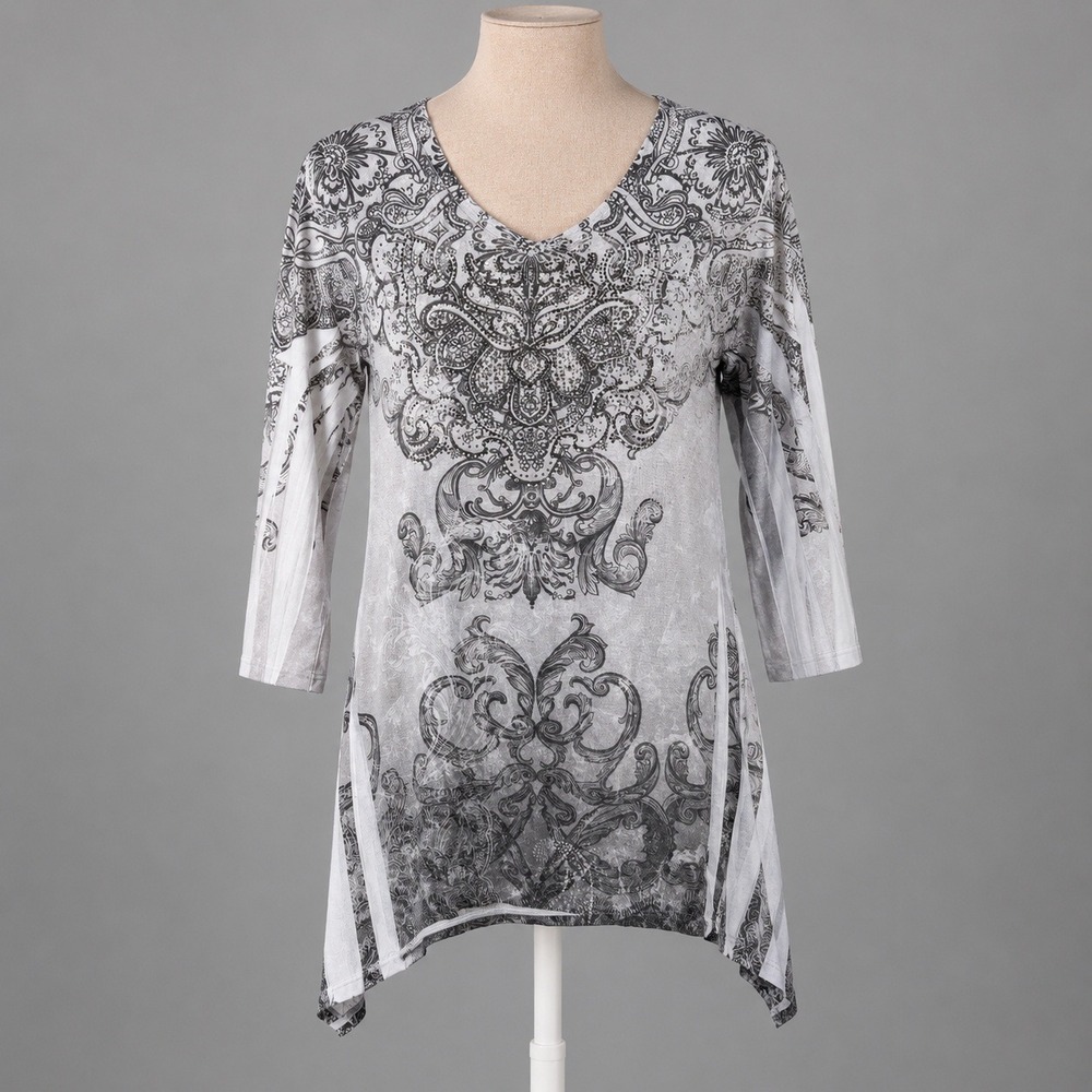 Vintage‎ Y2K Jess & Jane Rhinestone Paisley Graphic Top M Gray Sharkbite Grunge